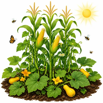 Corn, beans, and squash growing together in a garden.