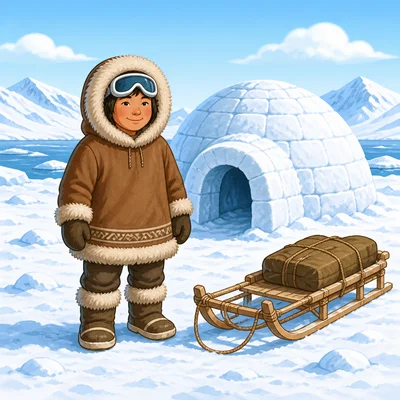 An Arctic scene with warm clothing, snow goggles, a snow shelter, and a sled.