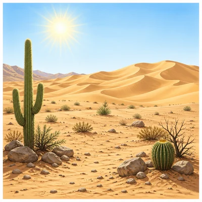 A dry desert with sand dunes, rocks, and sparse plants.