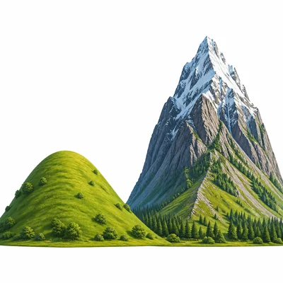 A rounded hill beside a taller, steeper mountain.