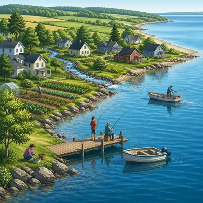 People and homes near water with a dock, boat, and fields.