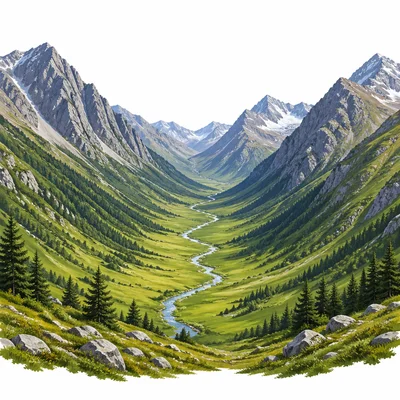 A low valley between mountains with a stream running through it.