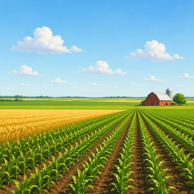 Flat plains with crop fields and a small farm building.