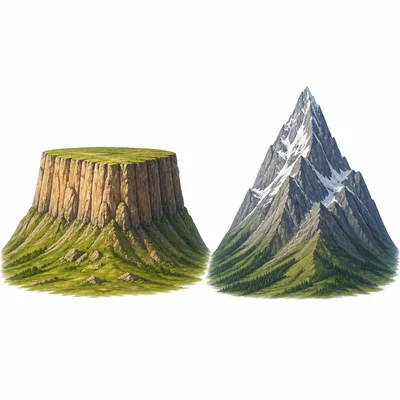 A flat-topped plateau next to a pointed mountain.
