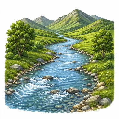 A winding river flowing from hills through grassy banks.