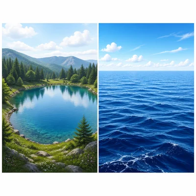 A small lake surrounded by land compared with a wide ocean.