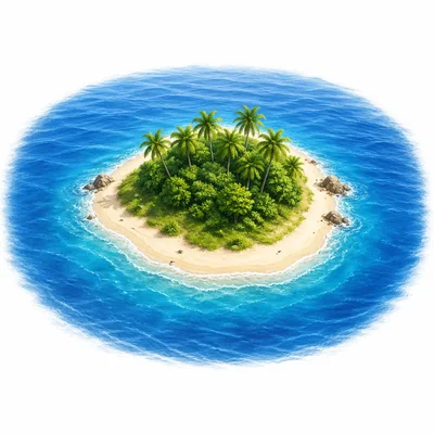 An island surrounded on all sides by water.