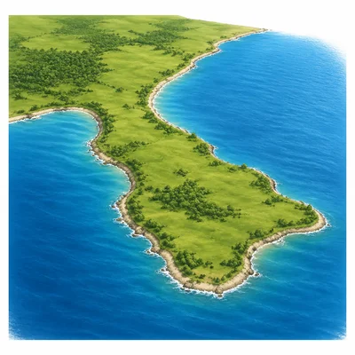 A peninsula connected to mainland with water on most sides.