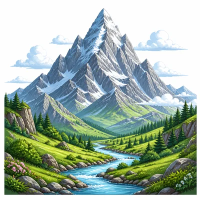 A mountain higher than a valley and river.