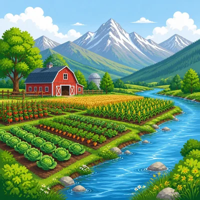 A farm in a flat valley near a river.