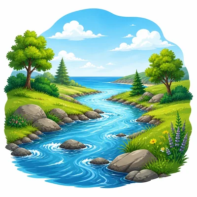 Moving river water flowing toward a larger body of water.