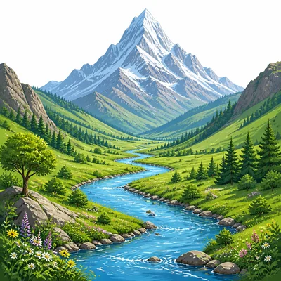 A landscape with a mountain, river, and valley.