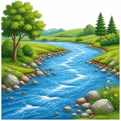 A long river moving across land.