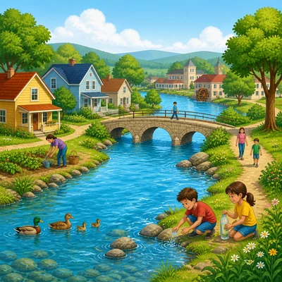 A small town built near a river.
