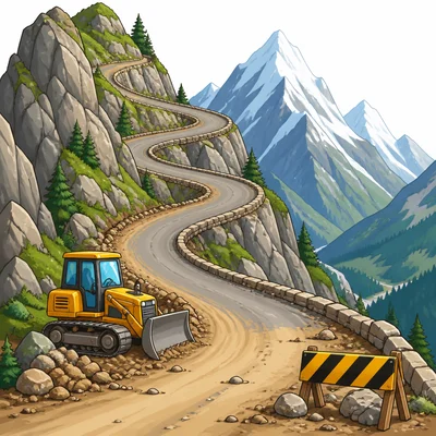 A curving road through steep mountains.
