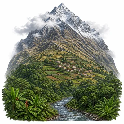 A tall mountain shows tropical lowlands, cooler mid-slope farms, and snowy high peaks to illustrate elevation and climate.