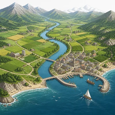 A city is built near a river, coast, and fertile valley with farms, boats, and roads showing useful settlement features.