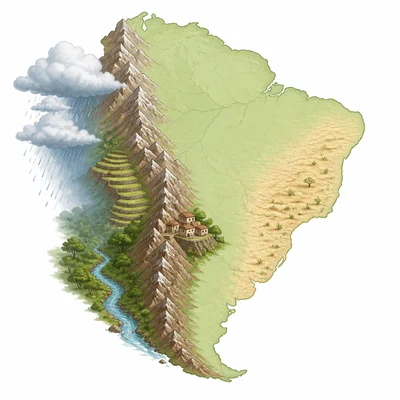 South America with the Andes Mountains highlighted along the west coast, showing farms, a village, and differing rainfall.