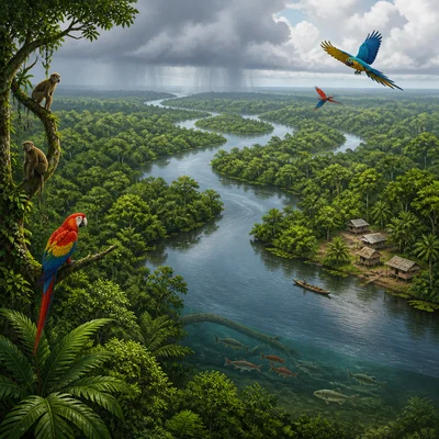 A winding river flows through dense Amazon rainforest with wildlife, rain clouds, and small riverside homes.