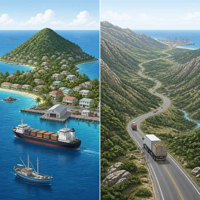 Comparison of an island with ships at a harbor and a landlocked area using roads to reach a distant port.