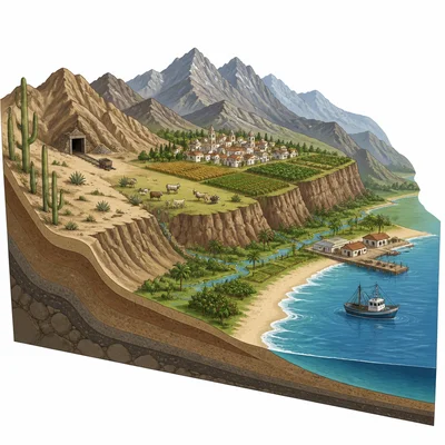 Cross-section of varied Mexican landscapes including desert, mountains, plateau, coastal plain, and economic activities.