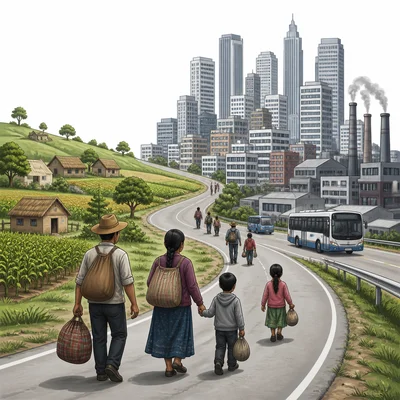 People move from farms and rural homes toward a dense city, illustrating urbanization.