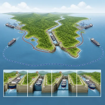 A canal cuts across a narrow tropical isthmus, allowing cargo ships to pass between two oceans.