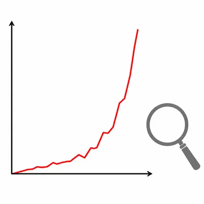 An unlabeled chart with a sharply rising red line and a magnifying glass, suggesting a questionable graph.