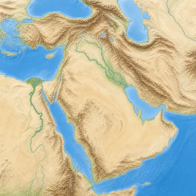 Simplified physical map of the Middle East showing deserts, mountains, rivers, and surrounding seas.