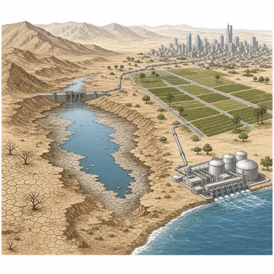 Diagram of an arid region with a shrinking water source, farms, a city, and a coastal desalination plant.