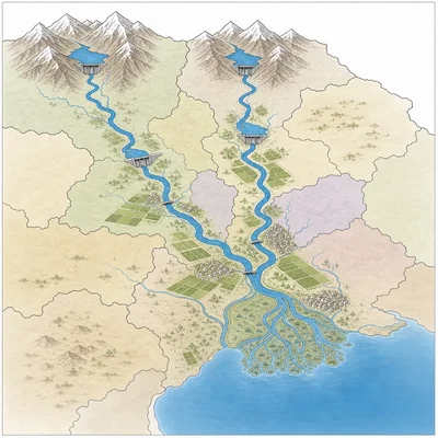 Simplified map of two shared rivers flowing through several regions with dams, farms, and downstream settlements.