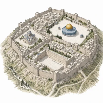Bird’s-eye diagram of a walled ancient city with three distinct religiously significant sites.