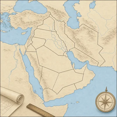 Simplified historical map showing Middle Eastern territories divided by straight borders after World War I.
