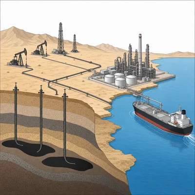Diagram showing oil wells, pipelines, refinery storage tanks, and an oil tanker in a Middle Eastern desert-coast setting.