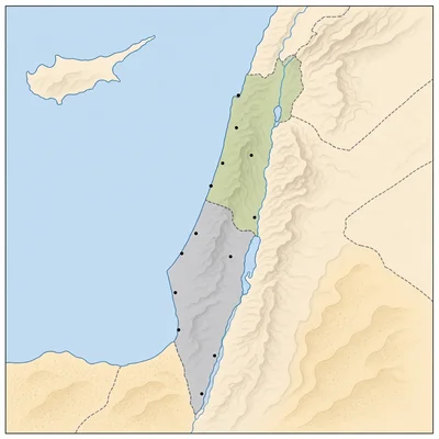 Simplified map of the eastern Mediterranean region with shaded territories, settlements, coast, hills, and desert.