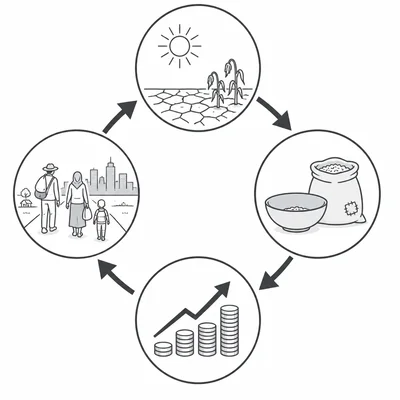 Cause-effect diagram linking drought, food scarcity, higher prices, and rural migration.