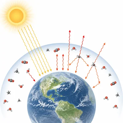 Diagram of greenhouse gases trapping heat around Earth.