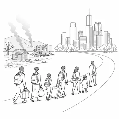 People migrating from a troubled rural area toward a stable city.