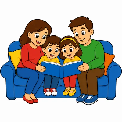 A family reading together on a couch
