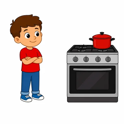 A child standing safely away from a stove