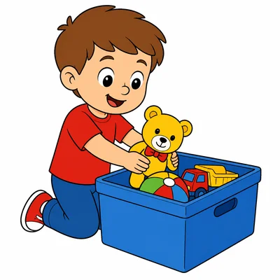 A child putting toys into a toy box