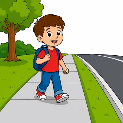 A child walking safely on a sidewalk.