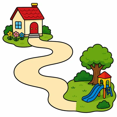 A simple map with a house and a park connected by a path.