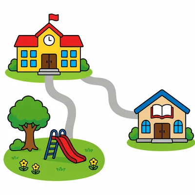 A simple map showing a school near a park and farther from a library.