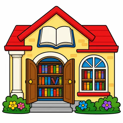 A library building with books.