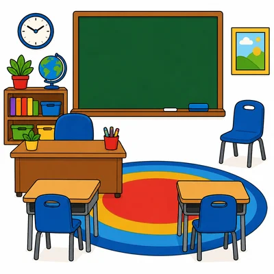 A simple classroom with desks, a board, and a rug.