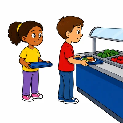 A child waiting politely in a cafeteria line.