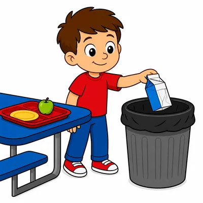 A child throwing trash away in the cafeteria.