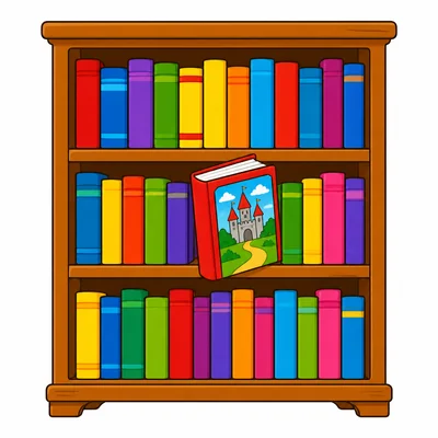 A library bookshelf with a storybook.