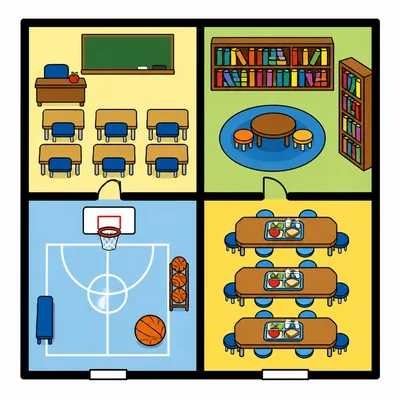 A simple school map showing a classroom, library, gym, and cafeteria.